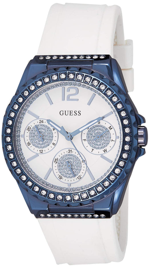 Guess Starlight Diamonds Silver Dial White Rubber Strap Watch for Women - W0846L7