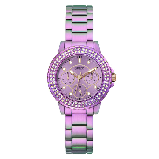 Guess Crown Jewel Diamonds Purple Dial Purple Steel Strap Watch for Women - GW0410L4