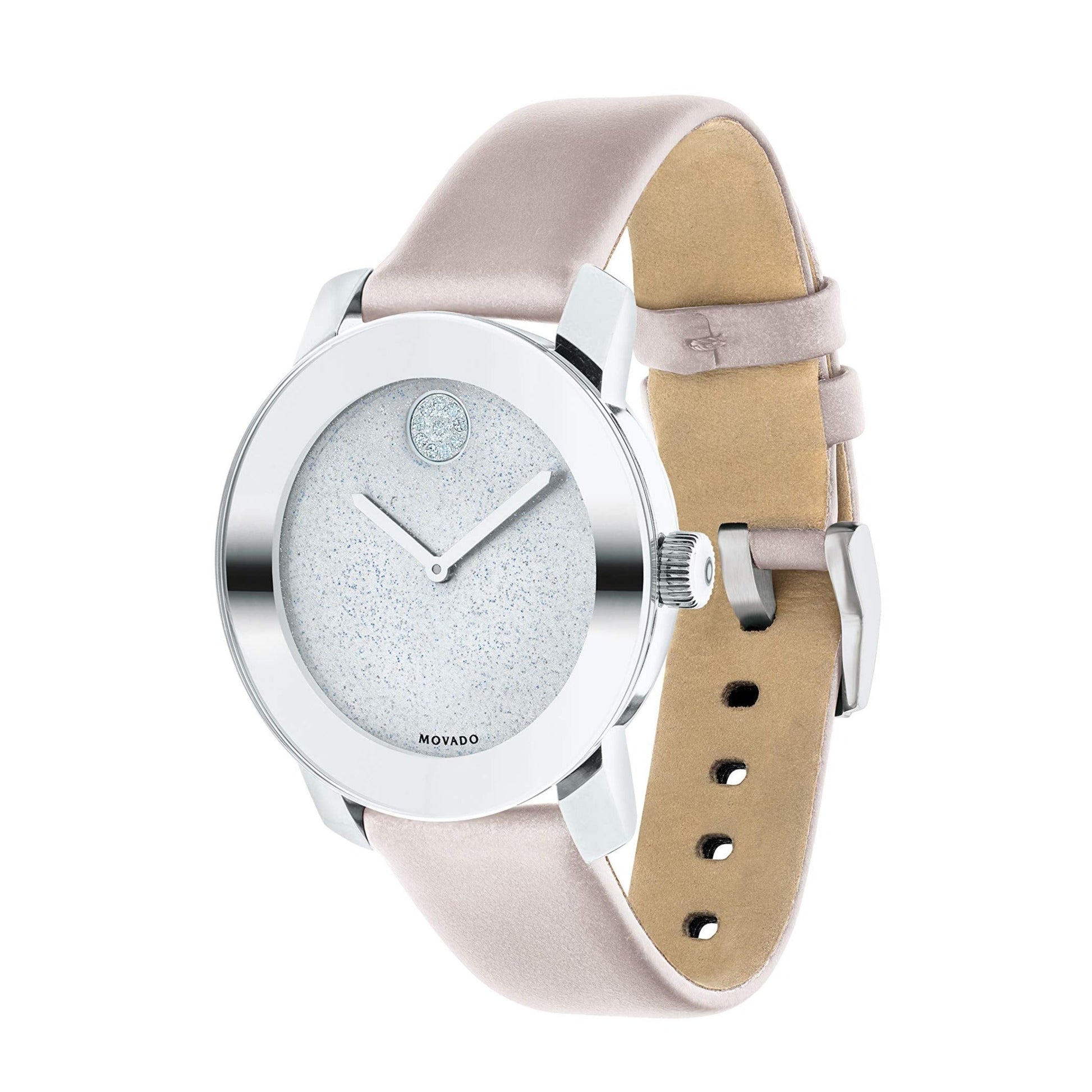 Movado Bold Silver Glitter Dial Pink Leather Strap Watch For Women - 3600522