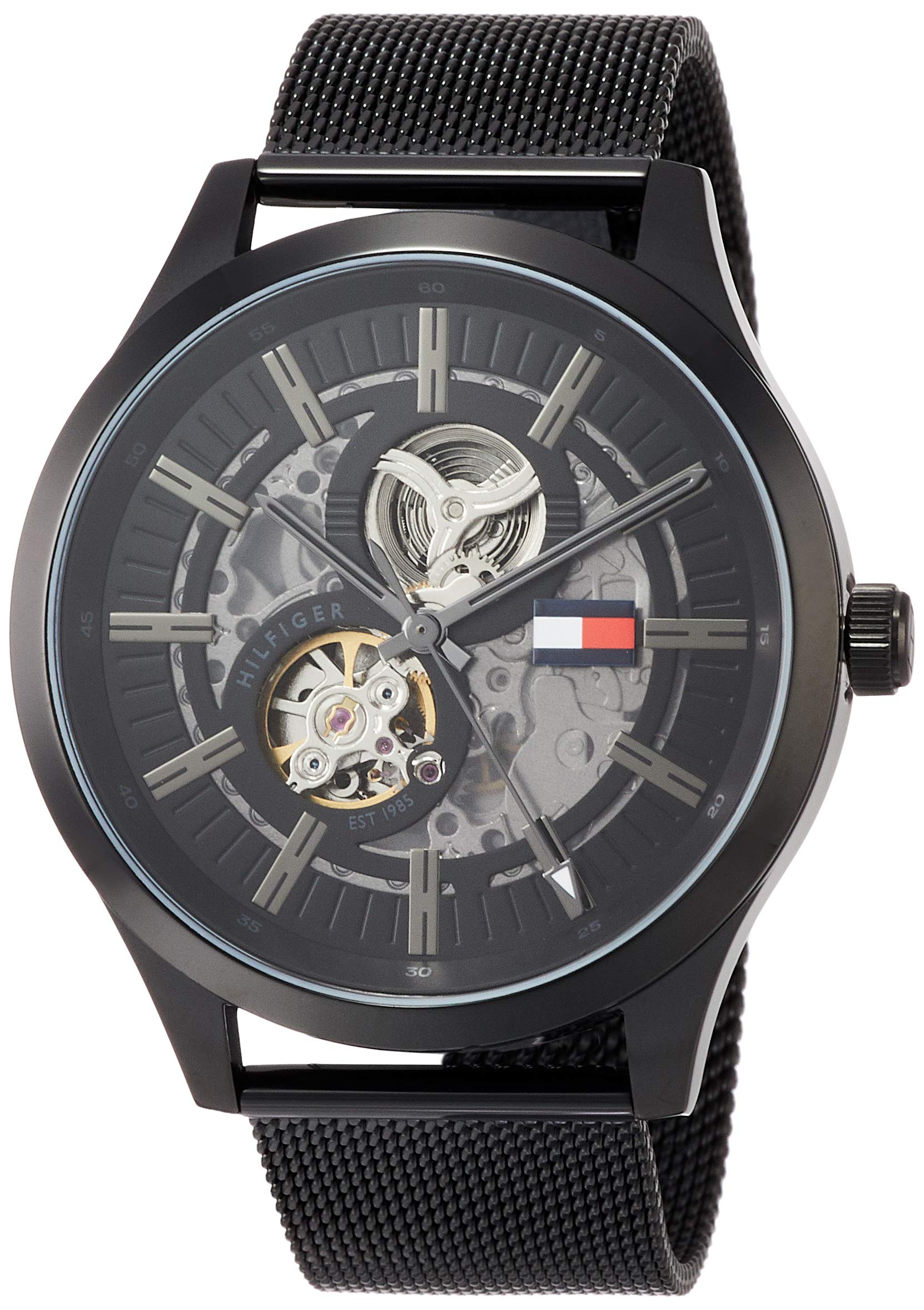 Tommy Hilfiger Spencer Skeleton Black Dial Black Mesh Bracelet Watch for Men - 1791644