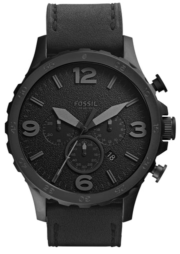 Fossil Nate Chronograph Black Dial Black Leather Strap Watch for Men - JR1354