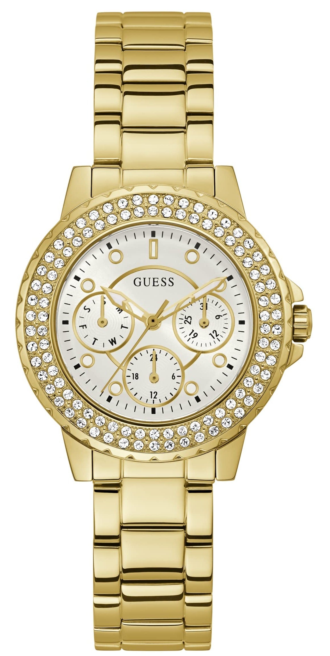 Guess Crown Jewel Diamonds White Dial Gold Steel Strap Watch for Women - GW0410L2