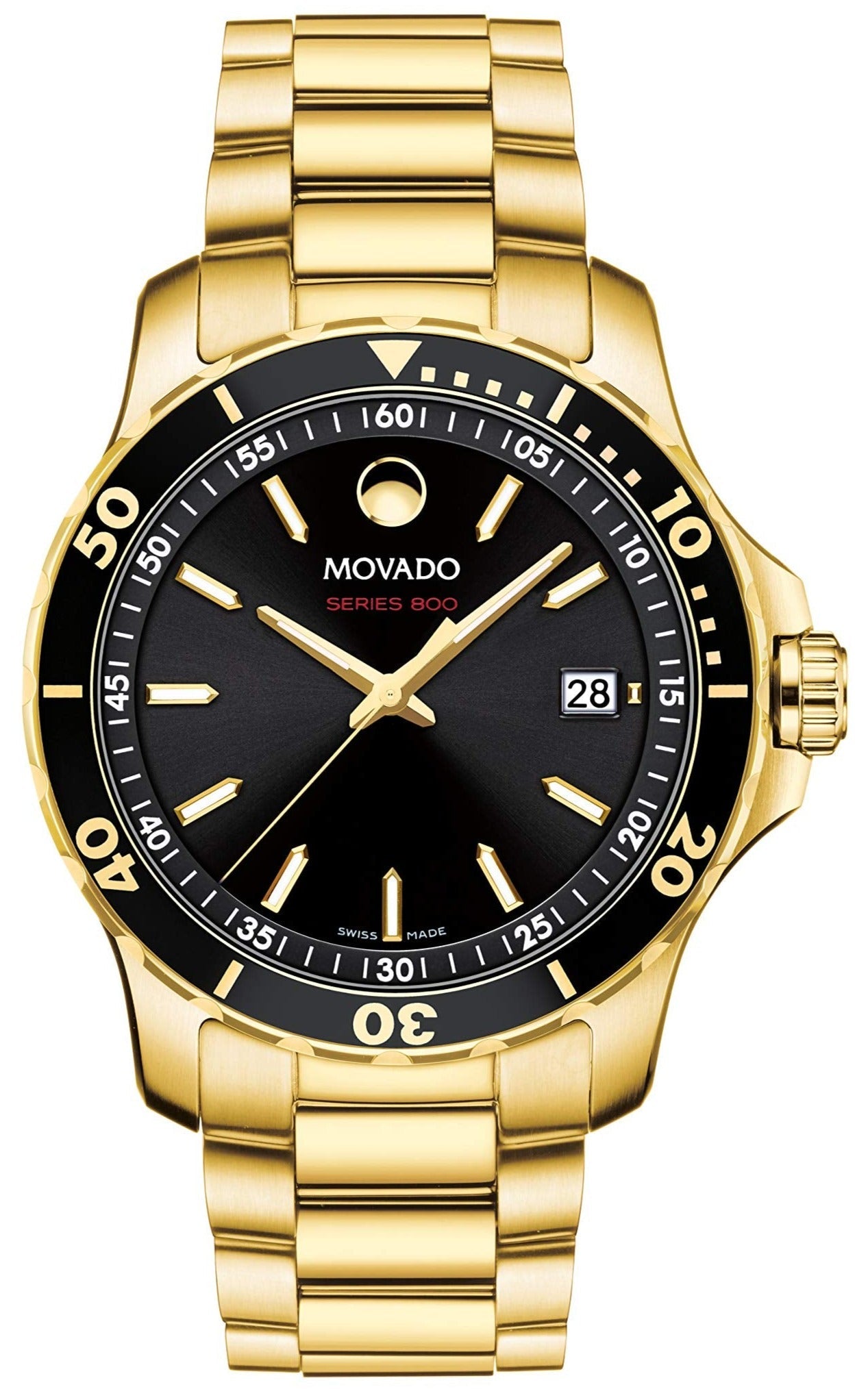 Movado Series 800 Black Dial Gold Steel Strap Watch For Men - 2600145