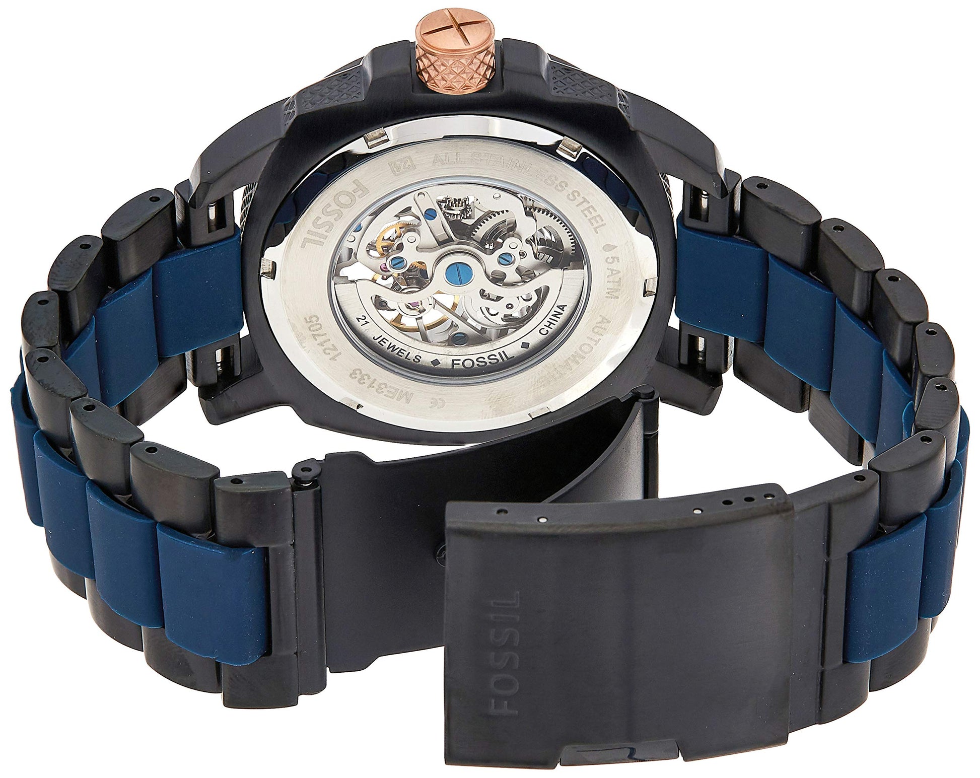 Fossil Modern Machine Automatic Skeleton Blue Dial Two Tone Steel Strap Watch for Men - ME3133