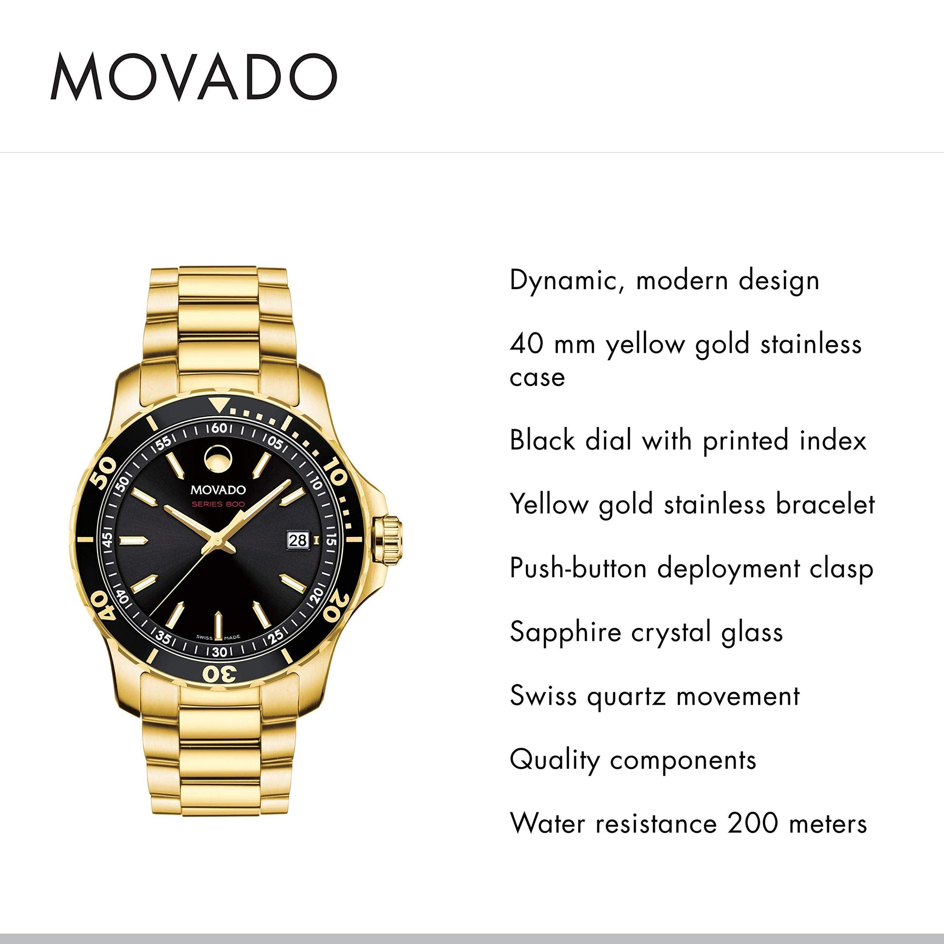 Movado Series 800 Black Dial Gold Steel Strap Watch For Men - 2600145