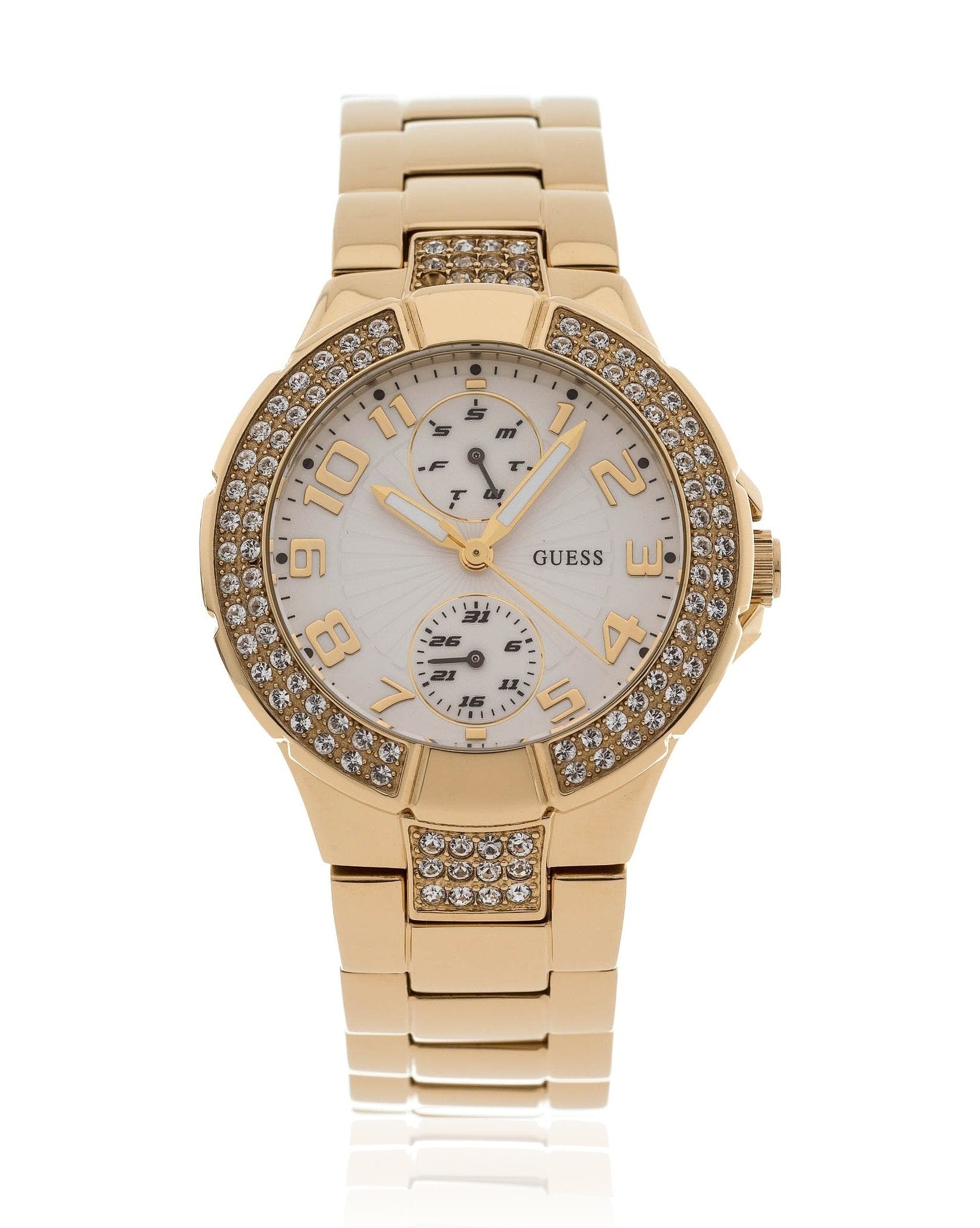 Guess Mini Prism Diamonds White Dial Gold Steel Strap Watch for Women - W15072L1