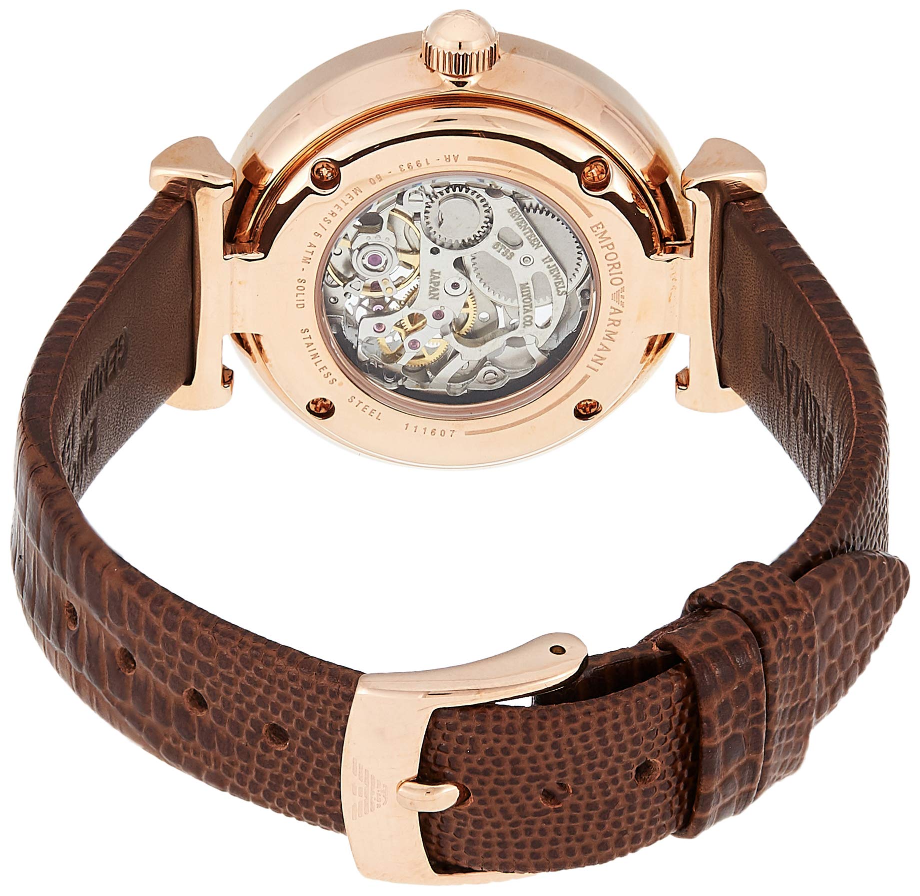 Emporio Armani Meccanico Mother of Pearl Skeleton Dial Brown Leather Strap Watch For Women - AR1993