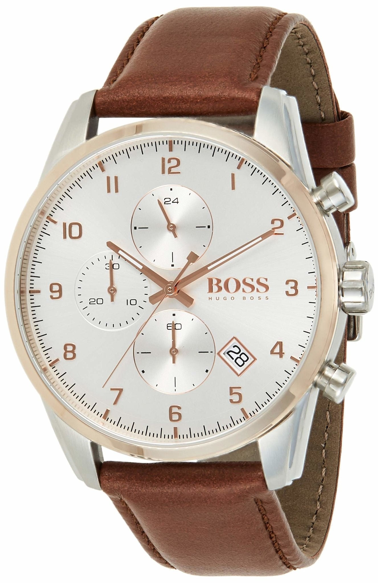 Hugo Boss Skymaster Silver Dial Brown Leather Strap Watch for Men - 1513786