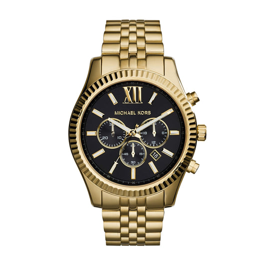 Michael Kors Lexington Chronograph Black Dial Gold Steel Strap Watch for Men - MK8286