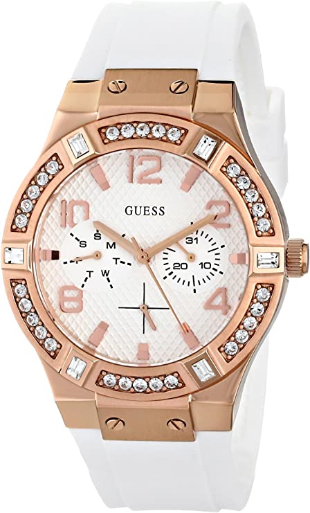 Guess White & Gold Dial with Diamonds White Rubber Strap Watch For Women - W0426L1