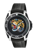 Gucci Dive Embroidered Tiger Motif Black Dial Black Rubber Strap Watch For Men - YA136318