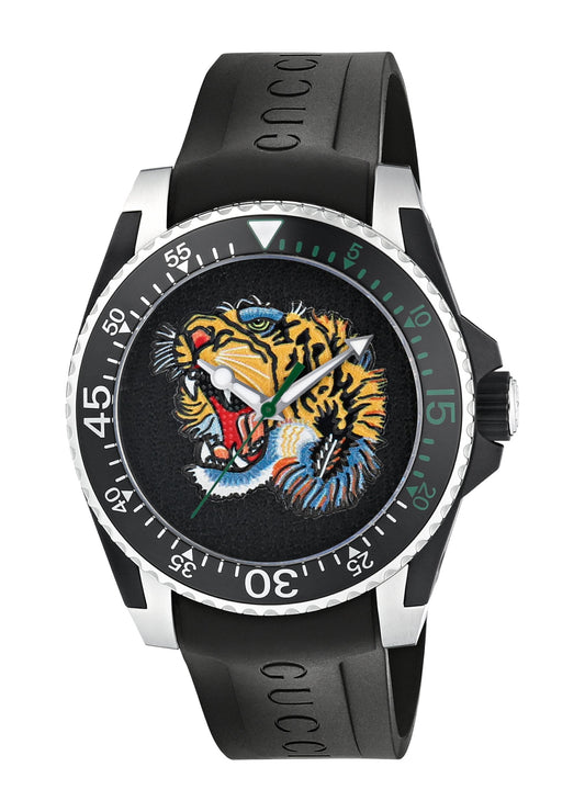 Gucci Dive Embroidered Tiger Motif Black Dial Black Rubber Strap Watch For Men - YA136318