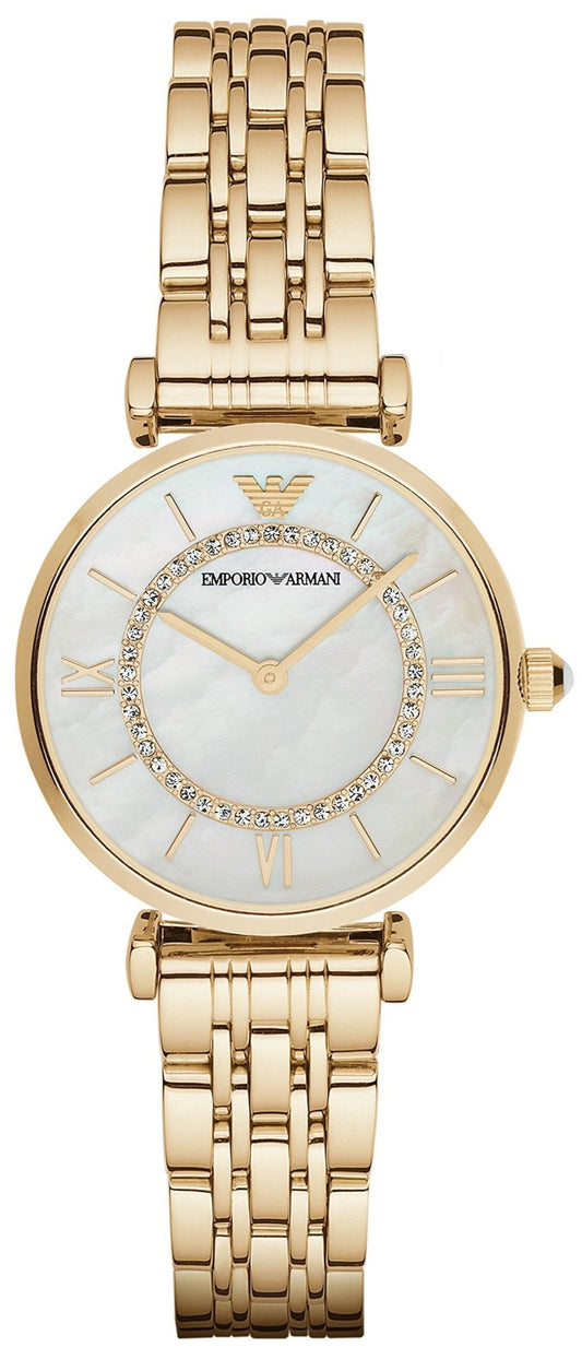 Emporio Armani Gianni T Bar White Mother of Pearl Dial Gold Stainless Steel Watch For Women - AR1907