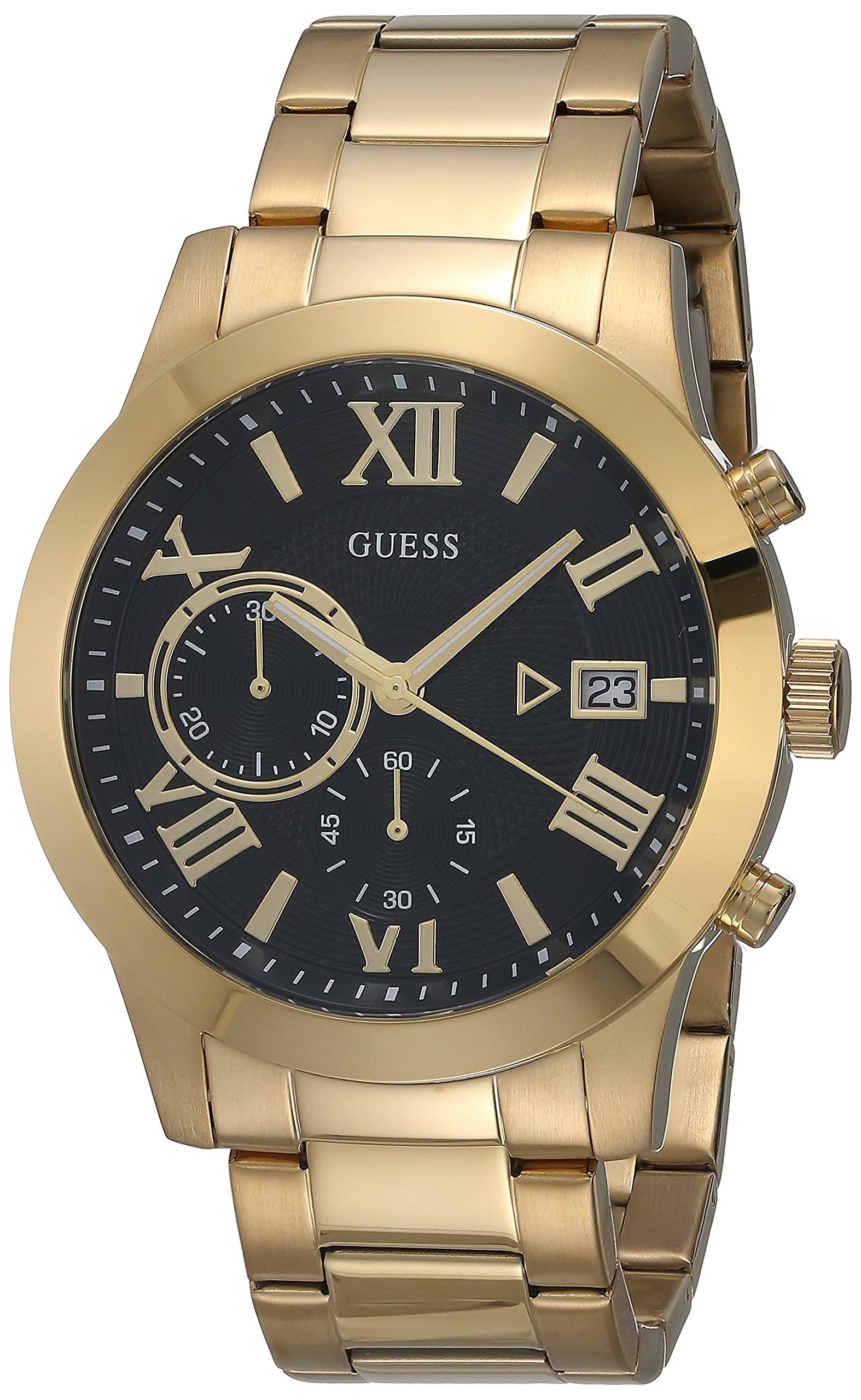 Guess Atlas Chronograph Black Dial Gold Steel Strap Watch for Men - W0668G8