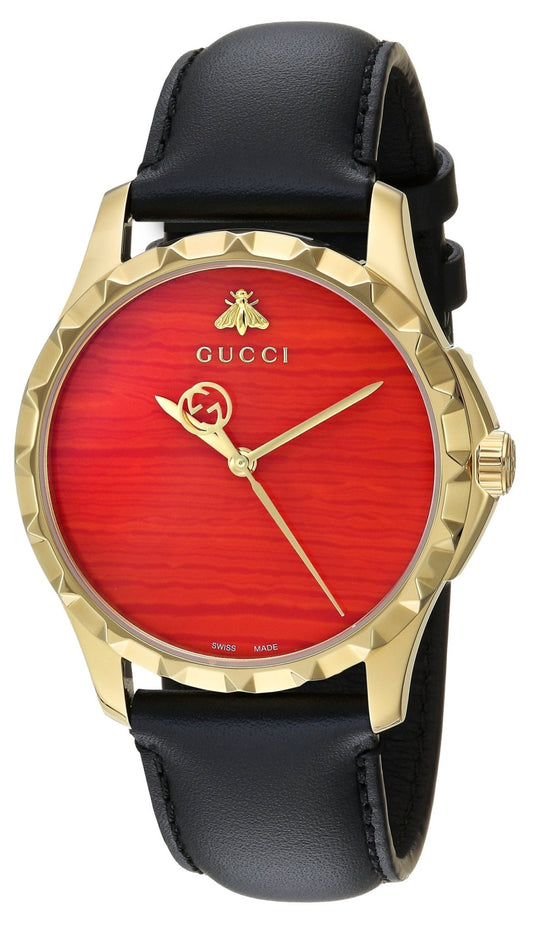 Gucci G Timeless Quartz Red Dial Black Leather Strap Watch For Men - YA126464