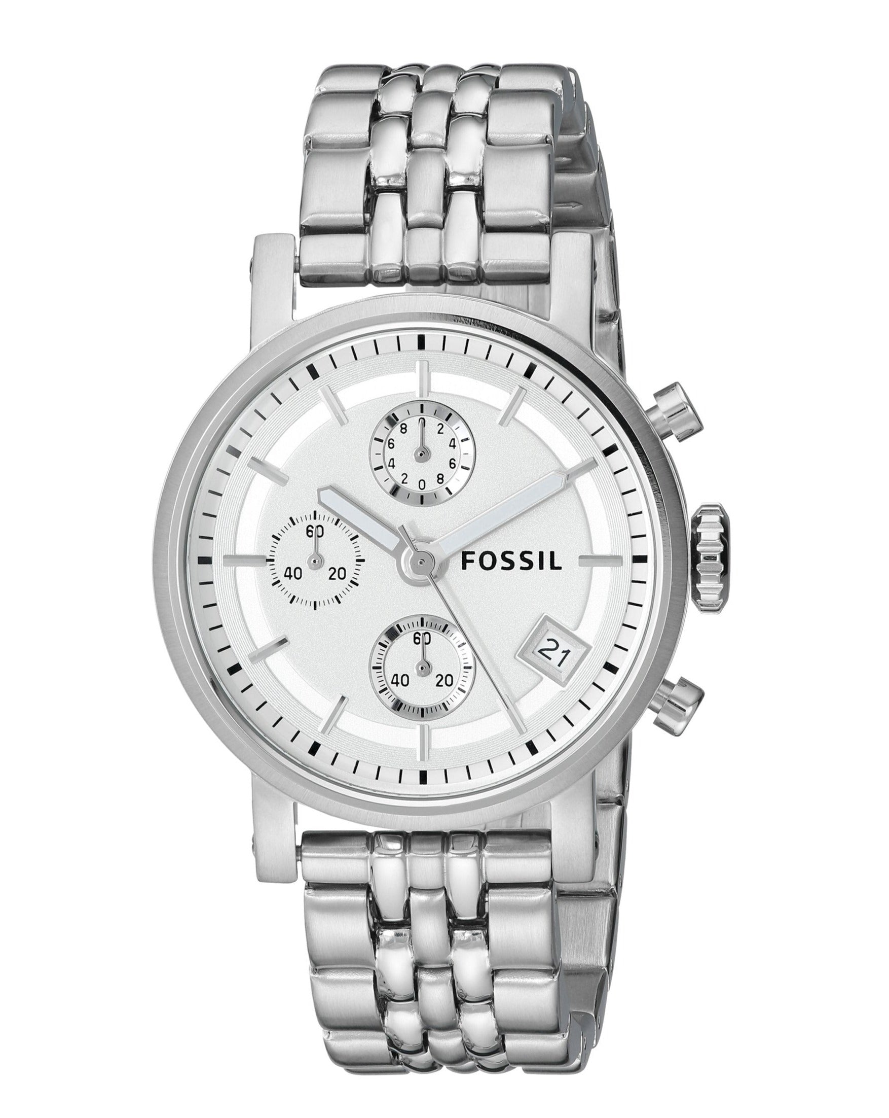 Fossil Boyfriend Chronograph Silver Dial Silver Steel Strap Watch for Women - ES2198