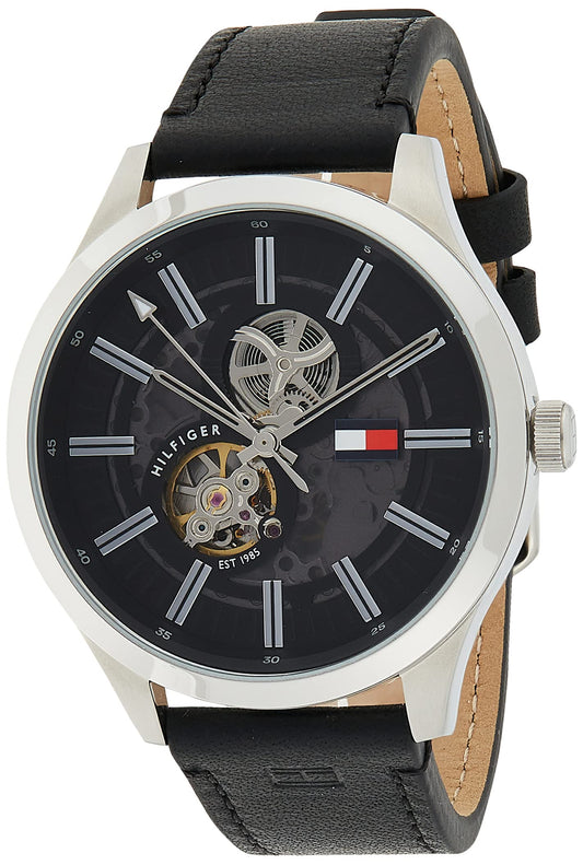 Tommy Hilfiger Spencer Skeleton Black Dial Black Leather Strap Watch for Men - 1791641