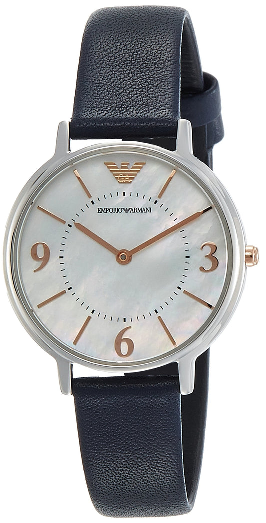 Emporio Armani Kappa White Mother of Pearl Dial Black Leather Strap Watch For Women - AR2509