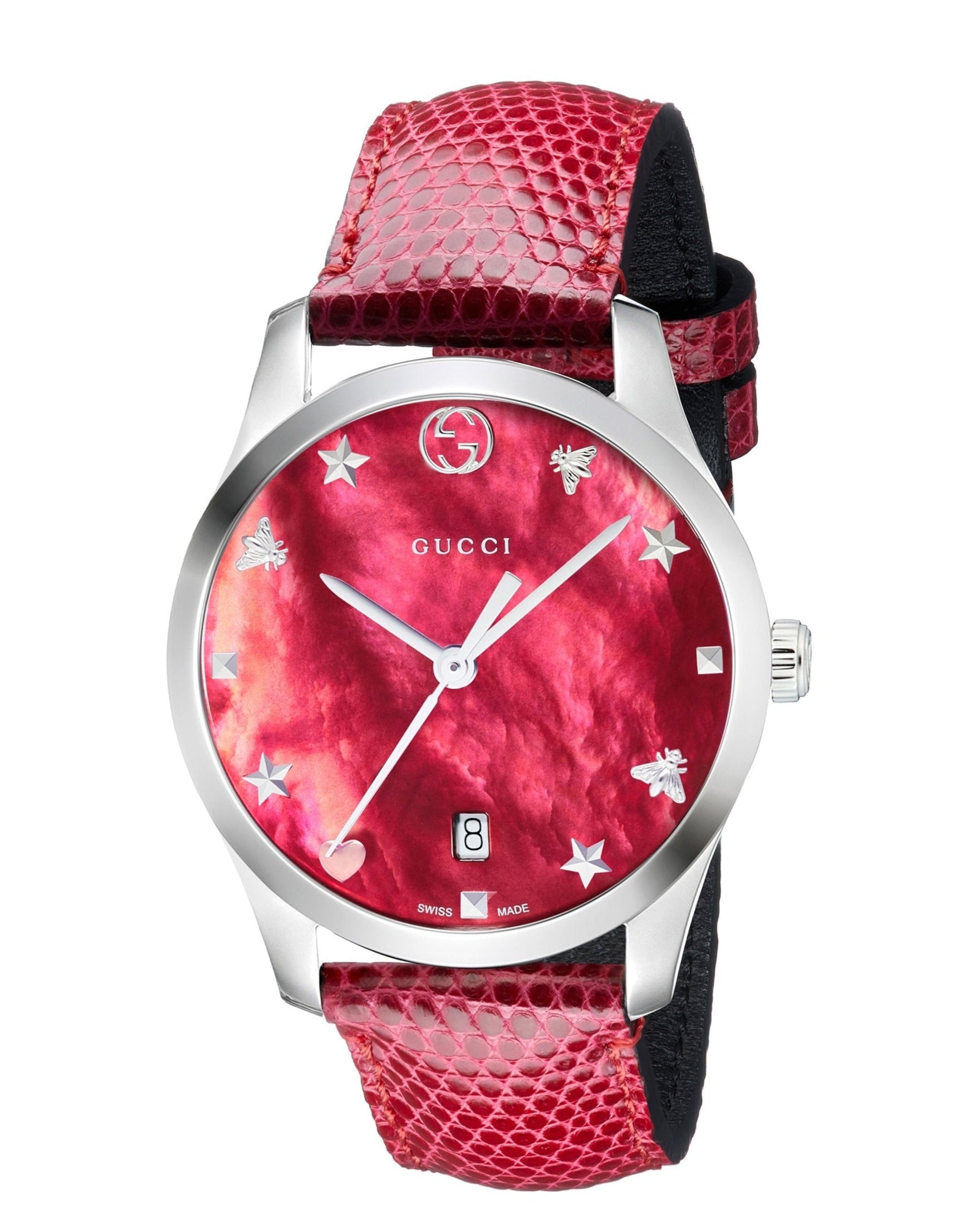 Gucci G-Timeless Quartz Mother of Pearl Red Dial Red Leather Strap Watch For Women - YA1264041