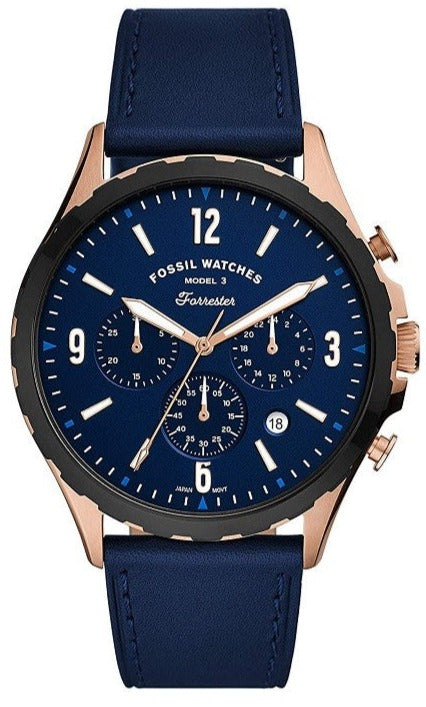 Fossil Forrester Chronograph Blue Dial Blue Leather Strap Watch for Men - FS5814