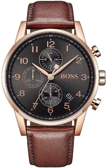 Hugo Boss Navigator Chronograph Grey Dial Brown Leather Strap Watch for Men - 1513496