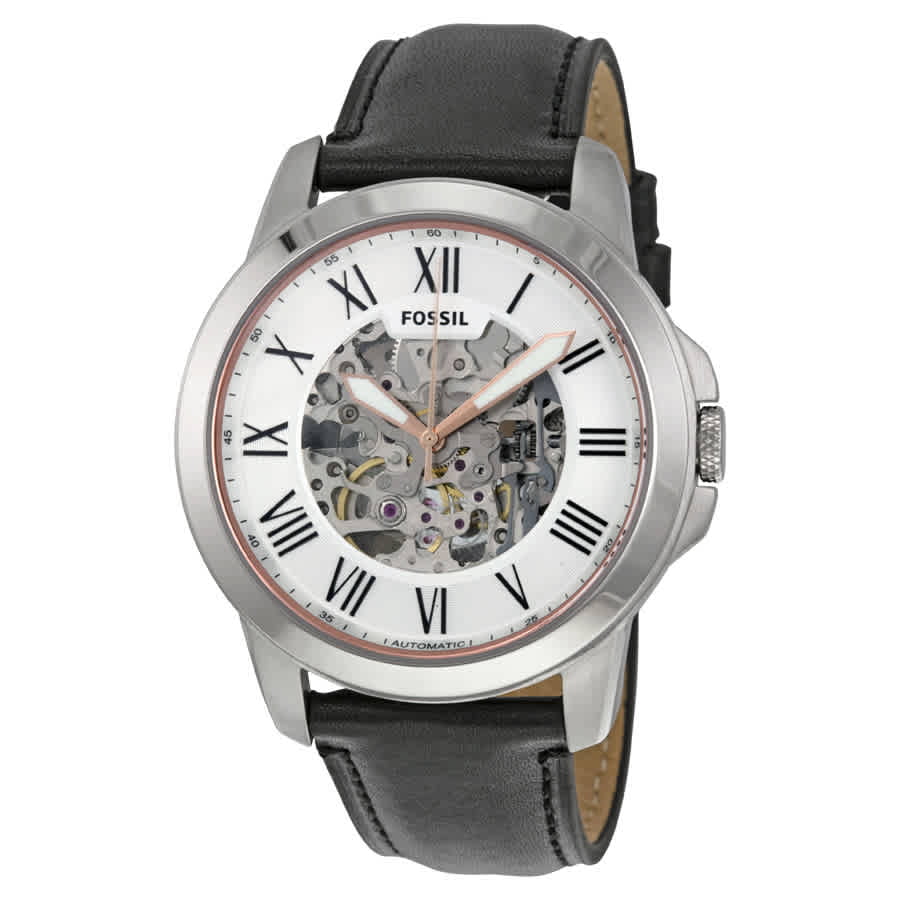 Fossil Grant Automatic Skeleton White Dial Black Leather Strap Watch for Men - ME3101