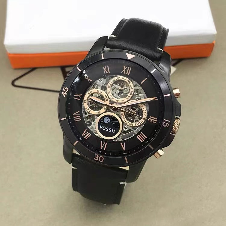 Fossil Grant Sport Automatic Skeleton Black Dial Black Leather Strap Watch for Men - ME3138