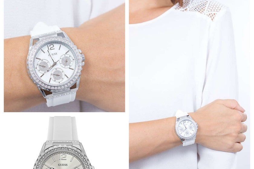 Guess Starlight Multifunction Diamonds White Dial White Rubber Strap Watch for Women - W0846L8