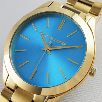 Michael Kors Slim Runway Blue Dial Gold Steel Strap Watch for Women - MK3265