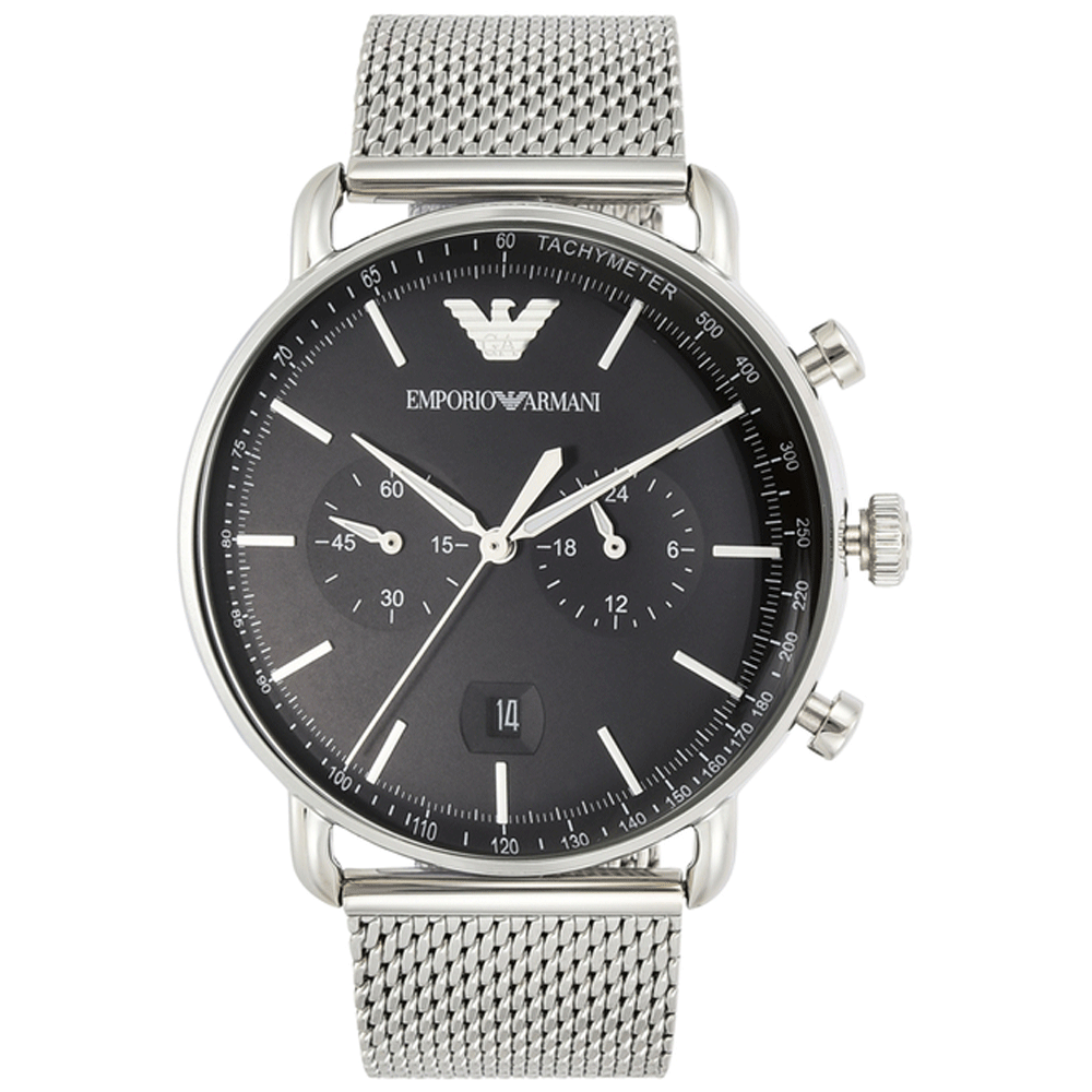 Emporio Armani Chronograph Black Dial Silver Mesh Bracelet Watch For Men - AR11104