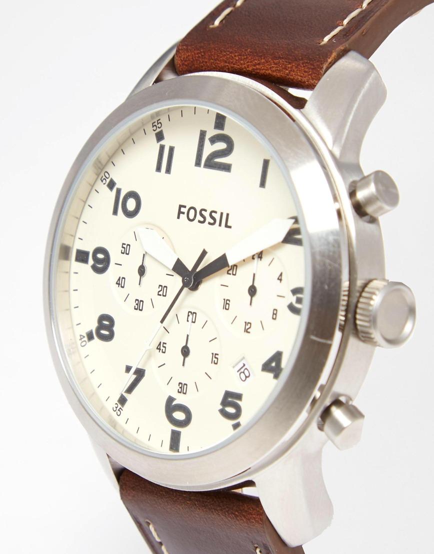 Fossil Pilot Chronograph White Dial Brown Leather Strap Watch for Men - FS5146