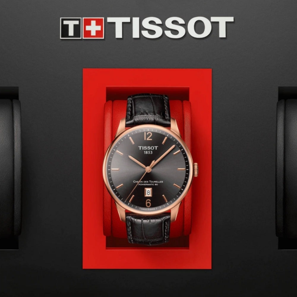 Tissot T Classic Chemin Des Tourelles Powermatic 80 Brown Dial Brown Leather Strap Watch for Men - T099.407.36.447.00