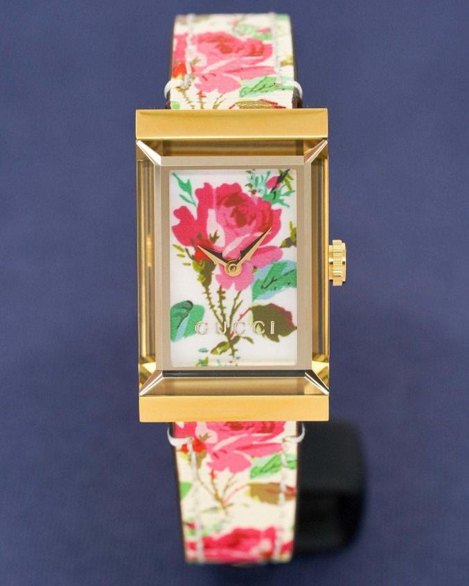 Gucci G-Frame Floral Ivory Dial White Leather Strap Watch For Women - YA147406