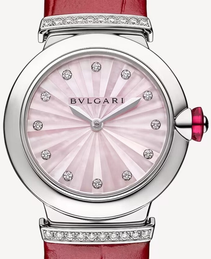 Bvlgari Lvcea Intarsio Diamonds Mother of Pearl Pink Dial Red Leather Strap Watch for Women - LVCEA103619