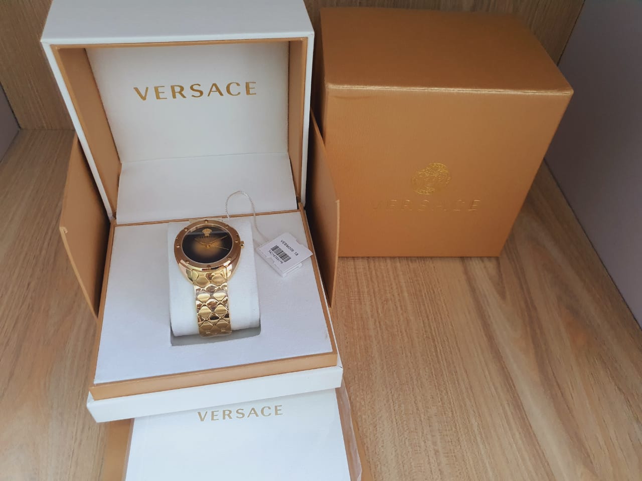 Versace Shadov Quartz Gold Dial Gold Steel Strap Watch for Women - VEBM00618