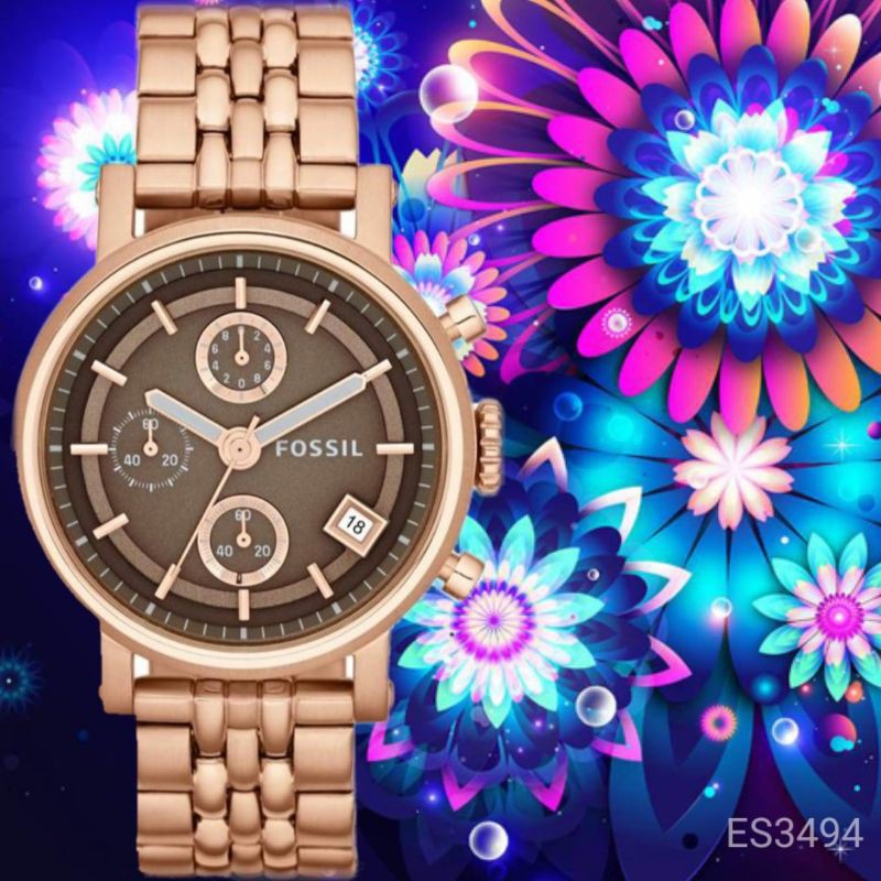 Fossil Boyfriend Chronograph Brown Dial Rose Gold Steel Strap Watch for Women - ES3494