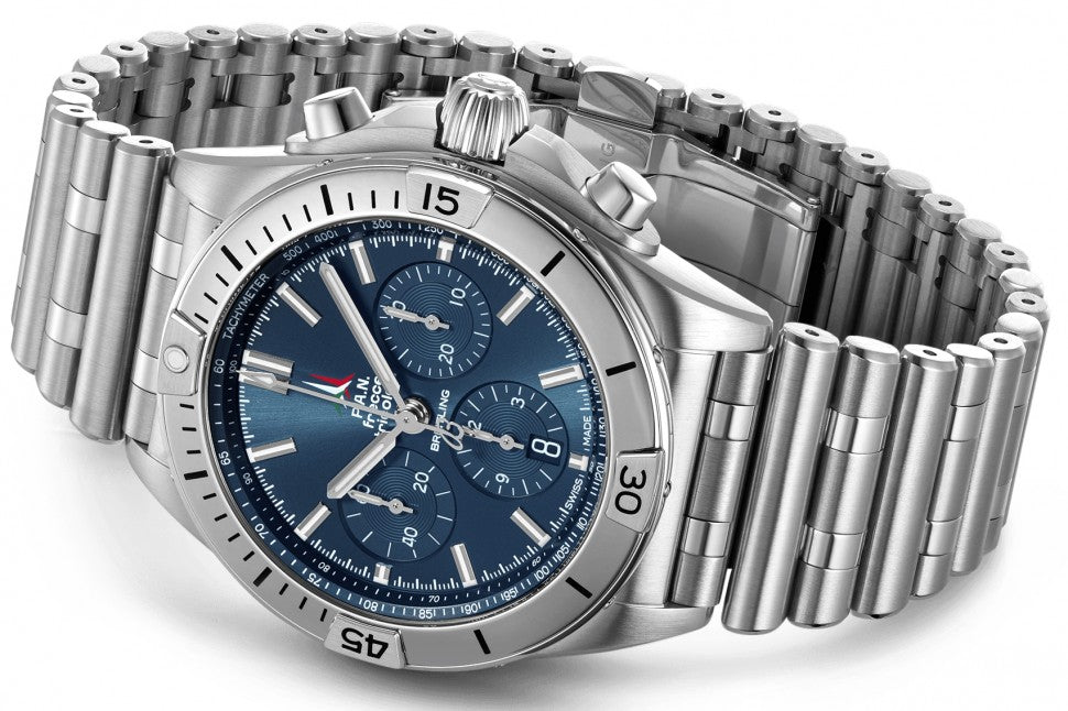 Breitling Chronomat B01 42 Frecce Tricolori Blue Dial Silver Steel Strap Watch for Men - AB01344A1C1A1