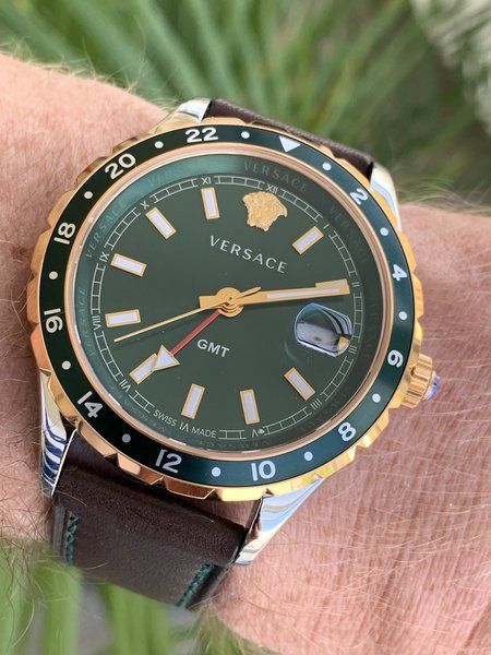 Versace Hellenyium Green Dial Brown Leather Strap Watch for Men - V11090017