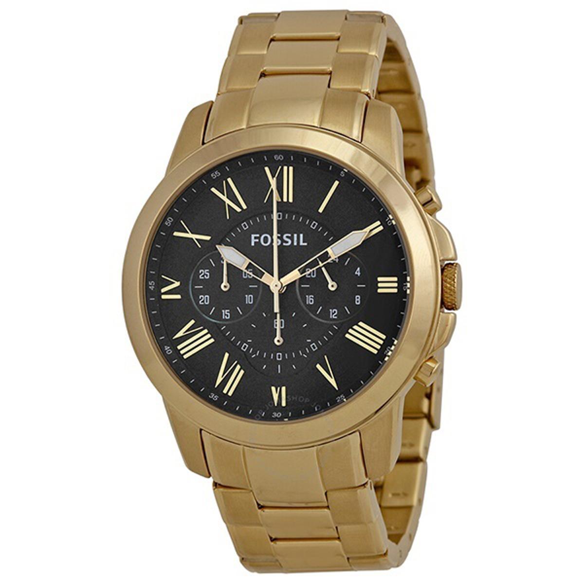 Fossil Grant Chronograph Black Dial Gold Steel Strap Watch for Men - FS4815