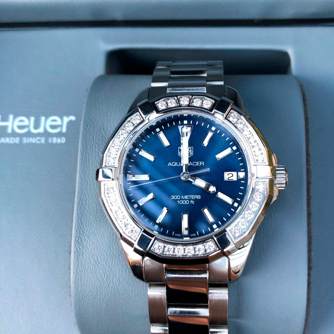 Tag Heuer Aquaracer Quartz 35mm Diamond Blue Dial Silver Steel Strap Watch for Women - WAY131N.BA0748