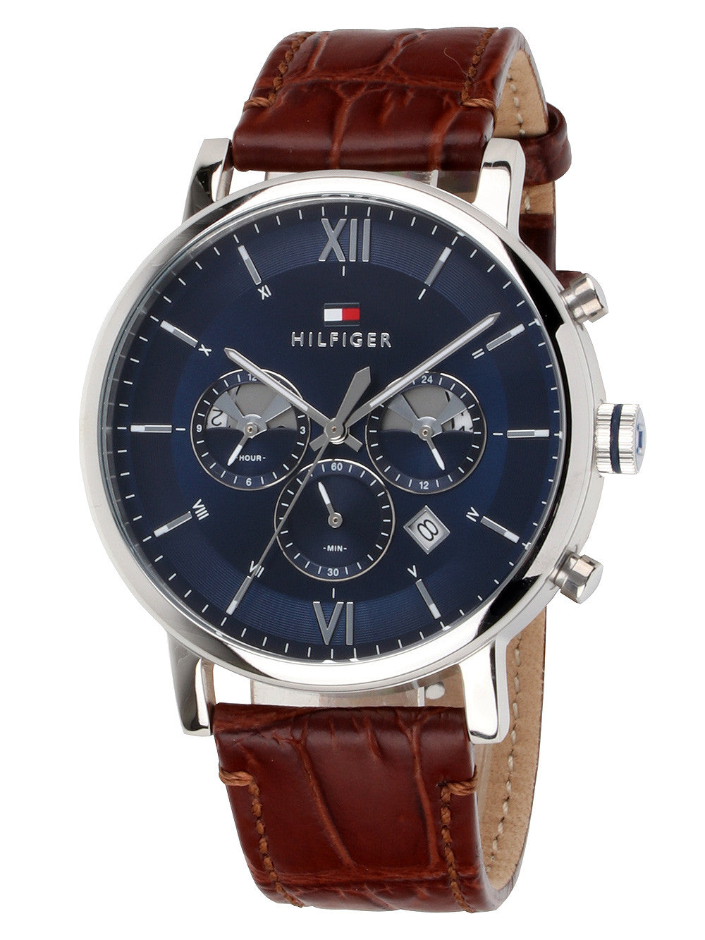 Tommy Hilfiger Evan Chronograph Blue Dial Brown Leather Strap Watch for Men - 1710393