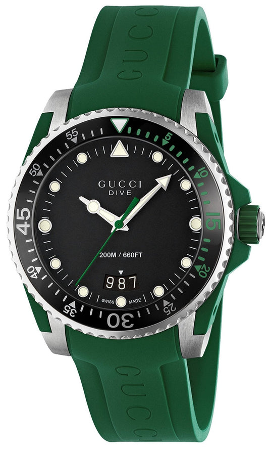Gucci Dive Quartz Black Dial Green Rubber Strap Watch For Men - YA136310