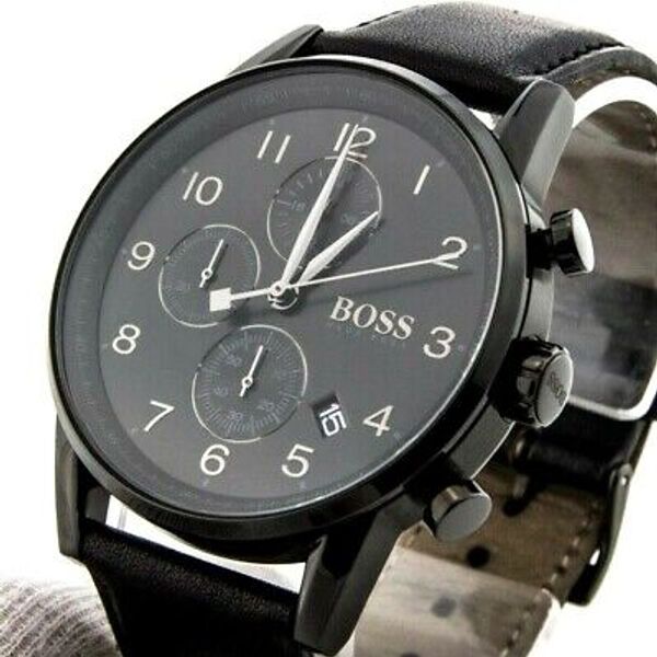 Hugo Boss Navigator Chronograph Black Dial Black Leather Strap Watch for Men - 1513497