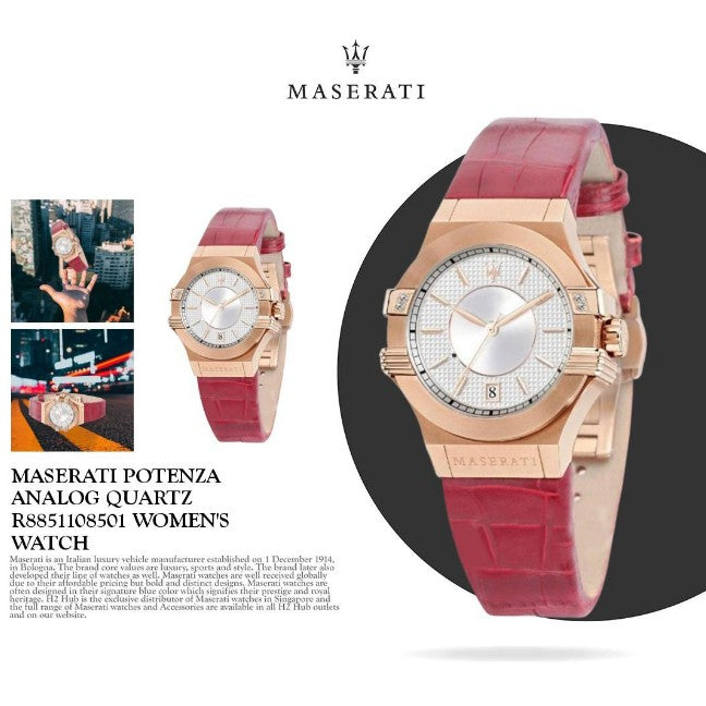 Maserati Potenza 35mm White Rose Gold Dial Red Leather Strap Watch For Women - R8851108501