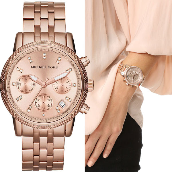 Michael Kors Ritz Chronograph Rose Gold Dial Rose Gold Steel Strap Watch for Women - MK6077