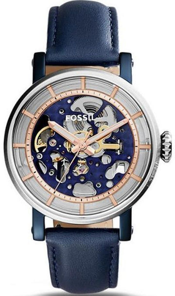 Fossil Boyfriend Skeleton Silver Dial Blue Leather Strap Watch for Women - ME3136