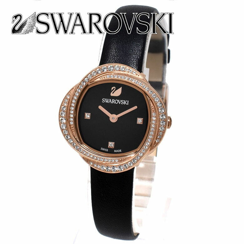 Swarovski Crystal Flower Black Dial Black Leather Strap Watch for Women - 5552421