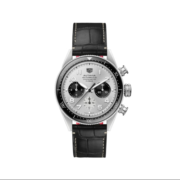 Tag Heuer Autavia Chronometer Flyback Chronograph Silver Dial Black Leather Strap Watch for Men - CBE511B.FC8279