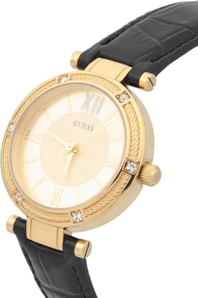 Guess Park Avenue Quartz Gold Dial Black Leather Strap Watch For Women - W0838L1