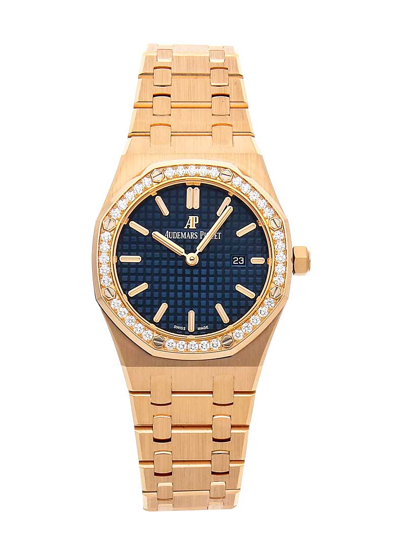 Audemars Piguet Royal Oak Quartz Diamonds Blue Dial Rose Gold Steel Strap Watch for Women - 67651OR.ZZ.1261OR.02